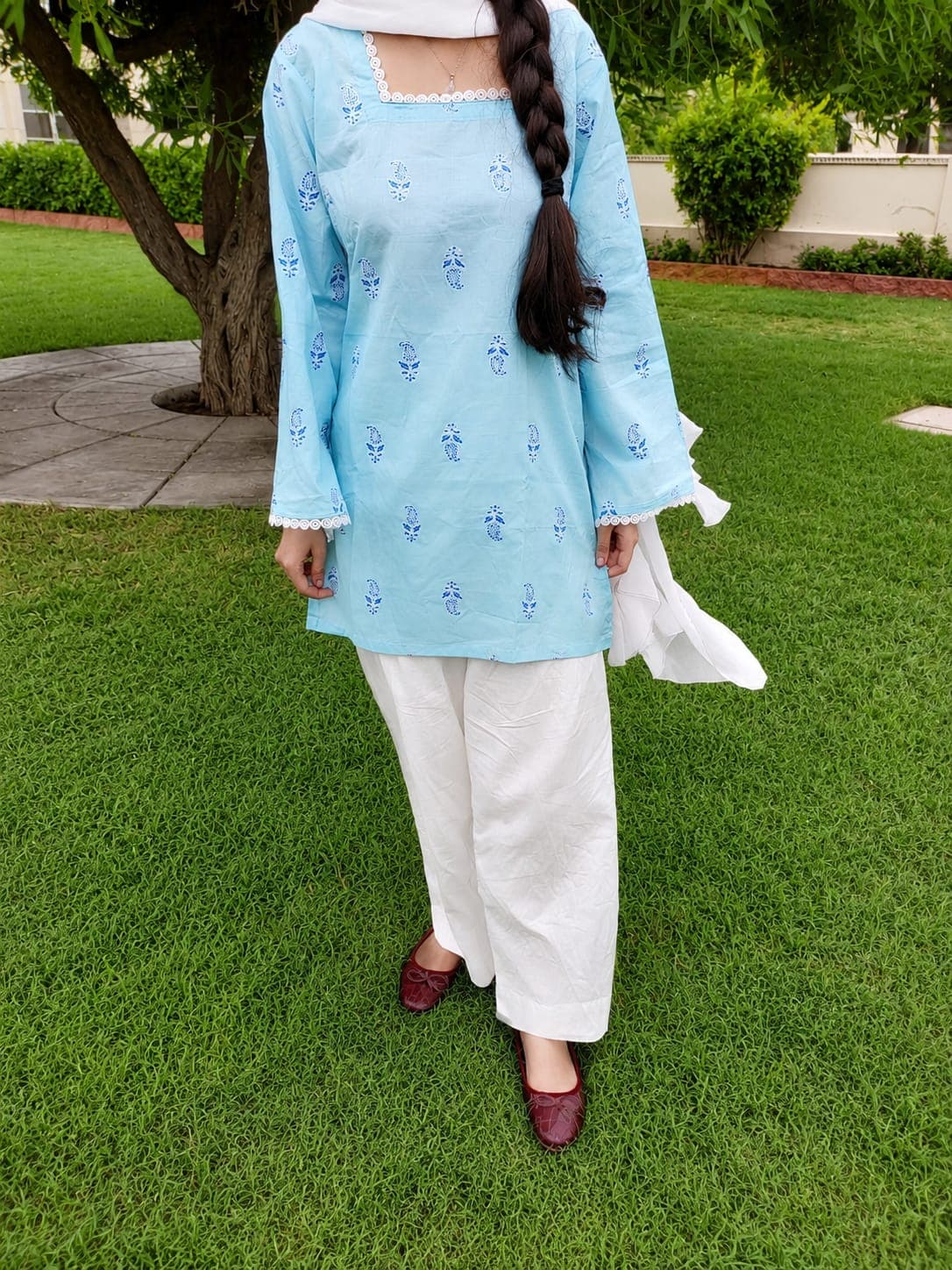 Sky Blue Printed Co-Ord Set with white trouser 2 piece suit